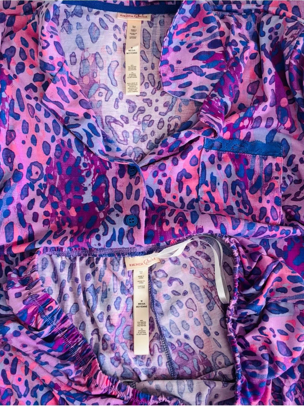 Women’s Rhonda Shear Purple/Blue Leopard Print Pajama Set Top and Pants Size M
